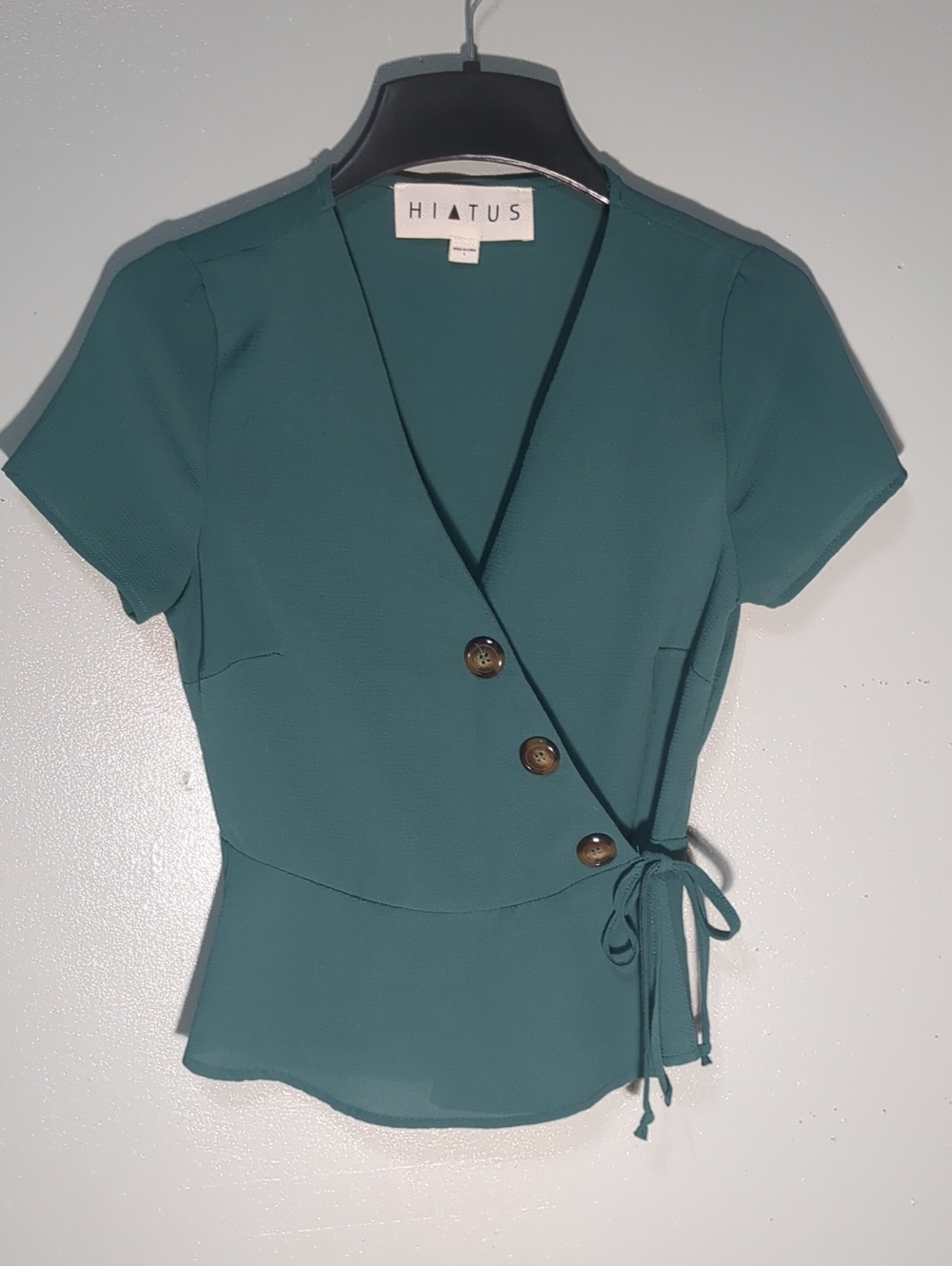 Hiatus Modern Feminine Teal Short-Sleeve Peplum Wrap Blouse with Side Tie, Small